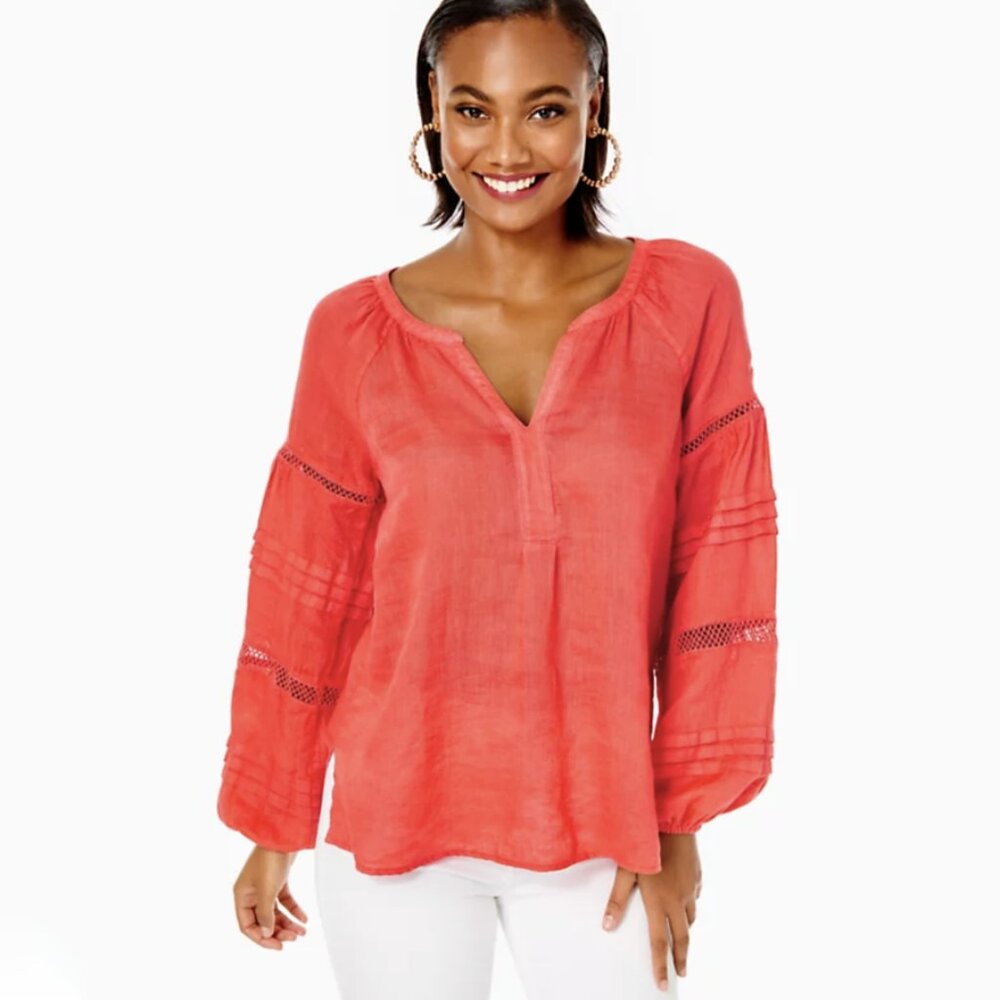 LILLY PULITZER Emray Linen Tunic Top/Blouse in Spicy Coral